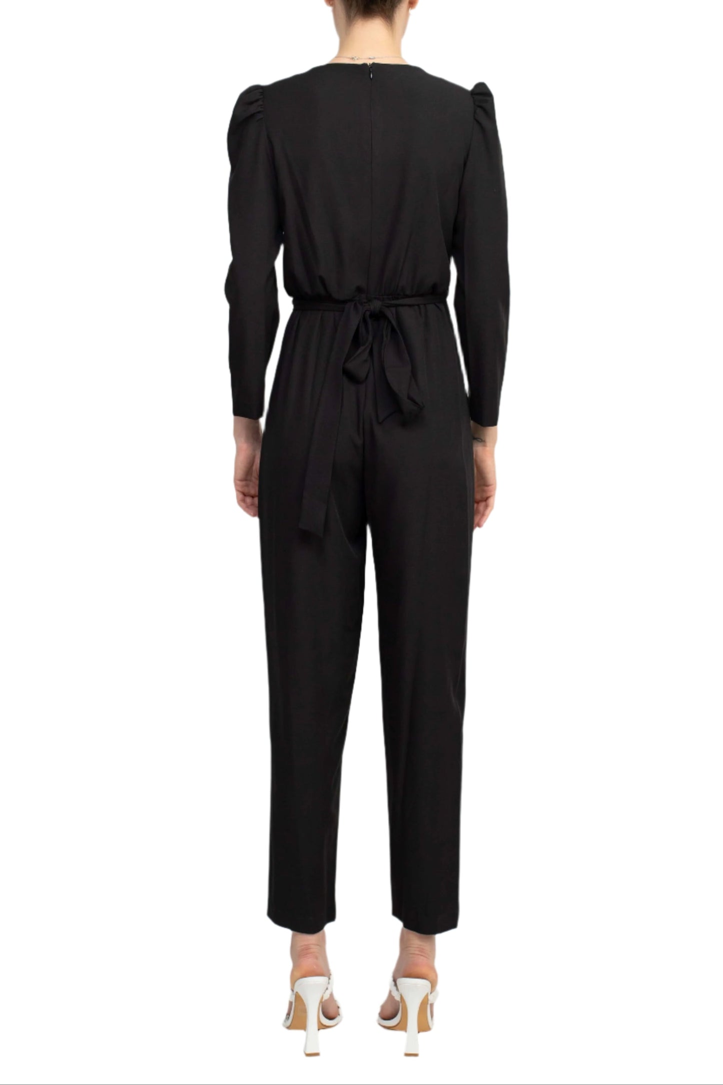 Julia Jordan V-Neck Long Sleeve Tie Back Zipper Back Solid Stretch Crepe Jumpsuit-2