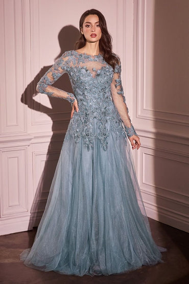LACE LAYERED TULLE LONG SLEEVE GOWN CDMA108