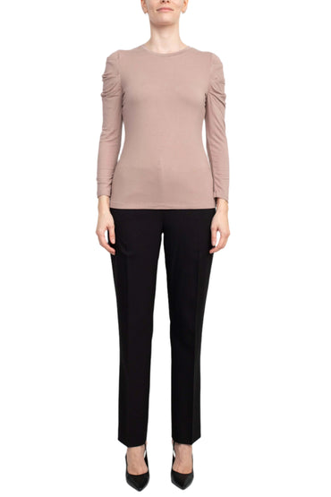 Catherine Malandrino Crew Neck Long Sleeve Ruched Shoulder Solid Knit Top-1