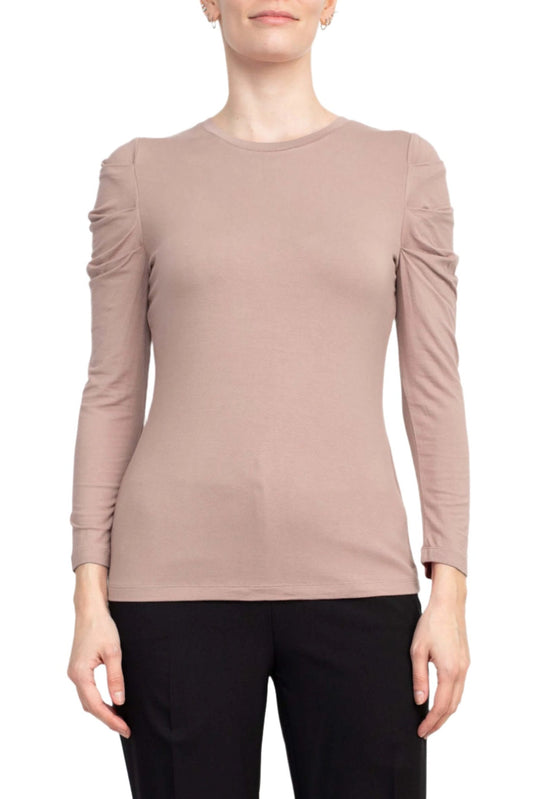 Catherine Malandrino Crew Neck Long Sleeve Ruched Shoulder Solid Knit Top-0