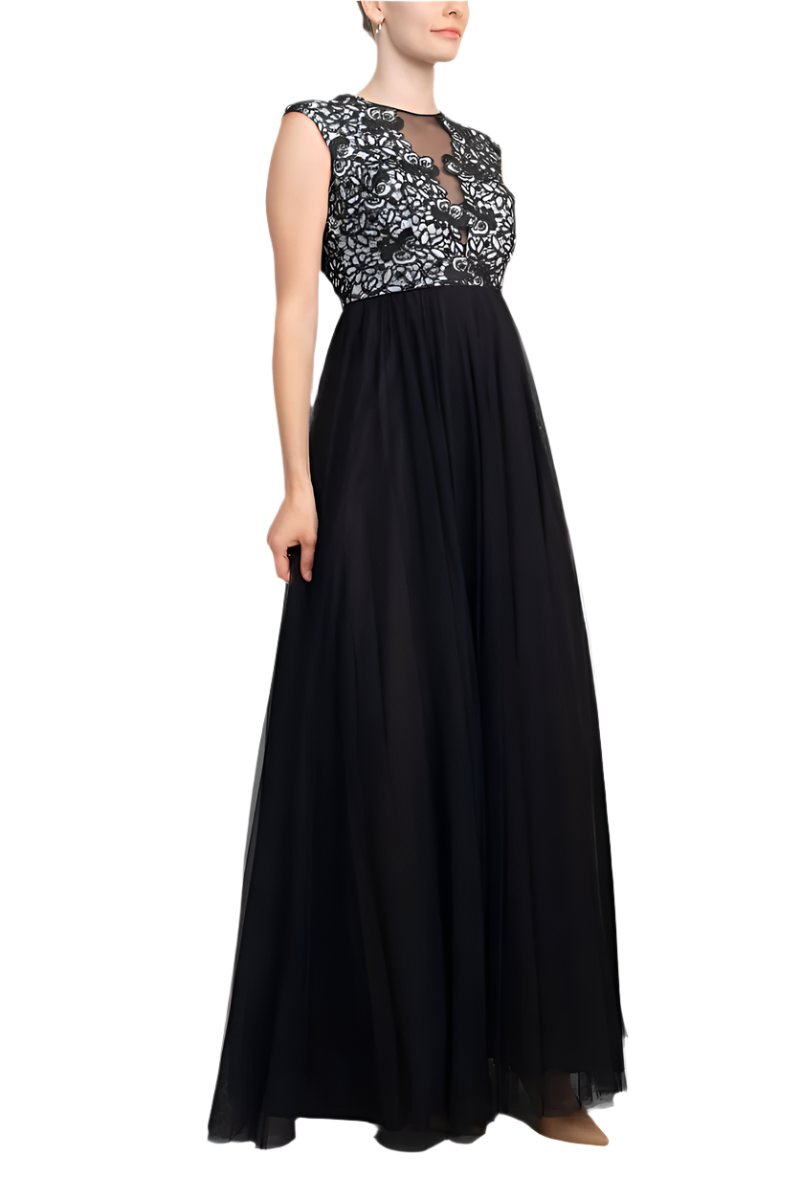 Aidan Mattox Crew Neck Illusion Sleeveless Floral Open Back Embroidered Bodice Ruched Mesh Dress-2