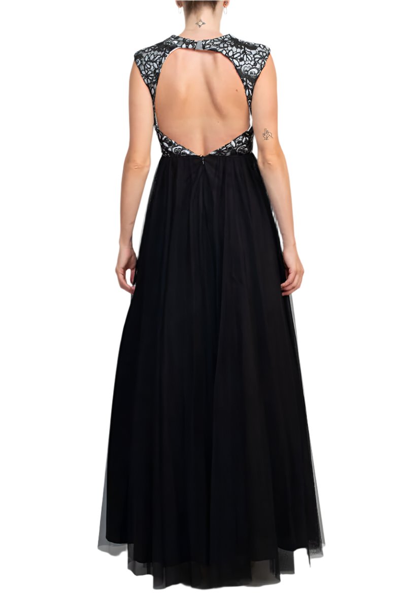 Aidan Mattox Crew Neck Illusion Sleeveless Floral Open Back Embroidered Bodice Ruched Mesh Dress-3