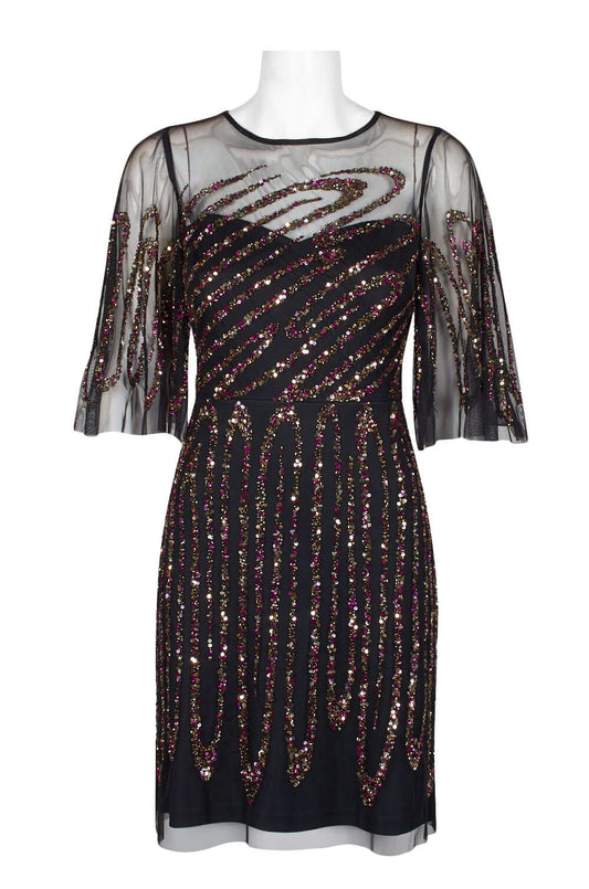 Aidan Mattox Crew Neck Illusion Embellished Sheath Keyhole Back Mesh Dress-0