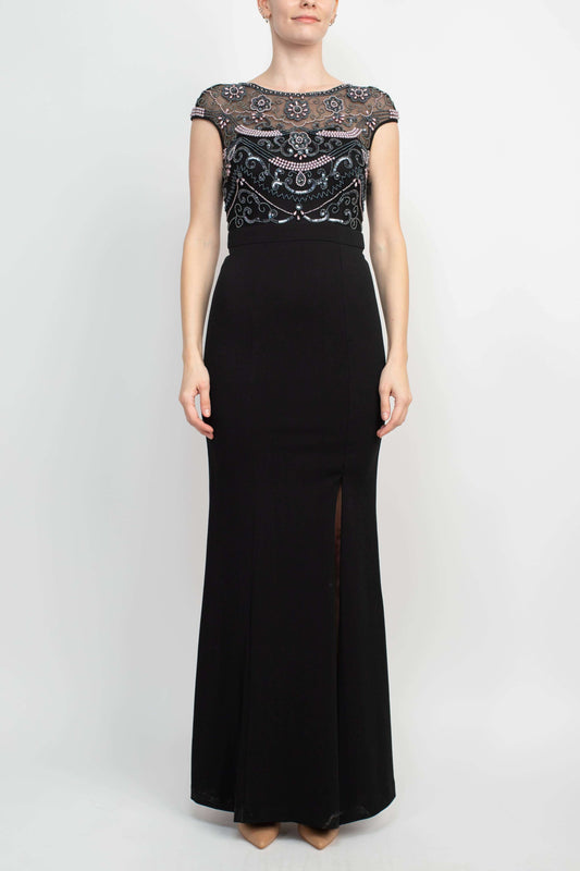 Aidan Mattox Embellished Mesh Bodice Crew Neck Cap Sleeve Keyhole Back Stretch Crepe Gown