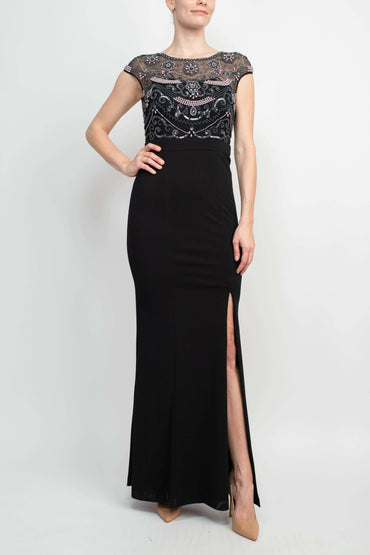 Aidan Mattox Embellished Mesh Bodice Crew Neck Cap Sleeve Keyhole Back Stretch Crepe Gown