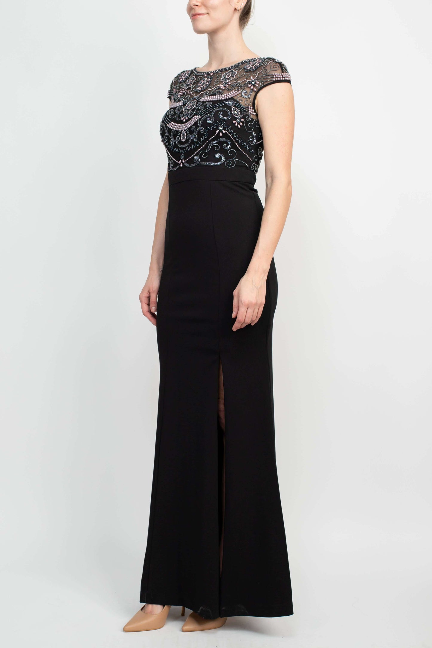 Aidan Mattox Embellished Mesh Bodice Crew Neck Cap Sleeve Keyhole Back Stretch Crepe Gown