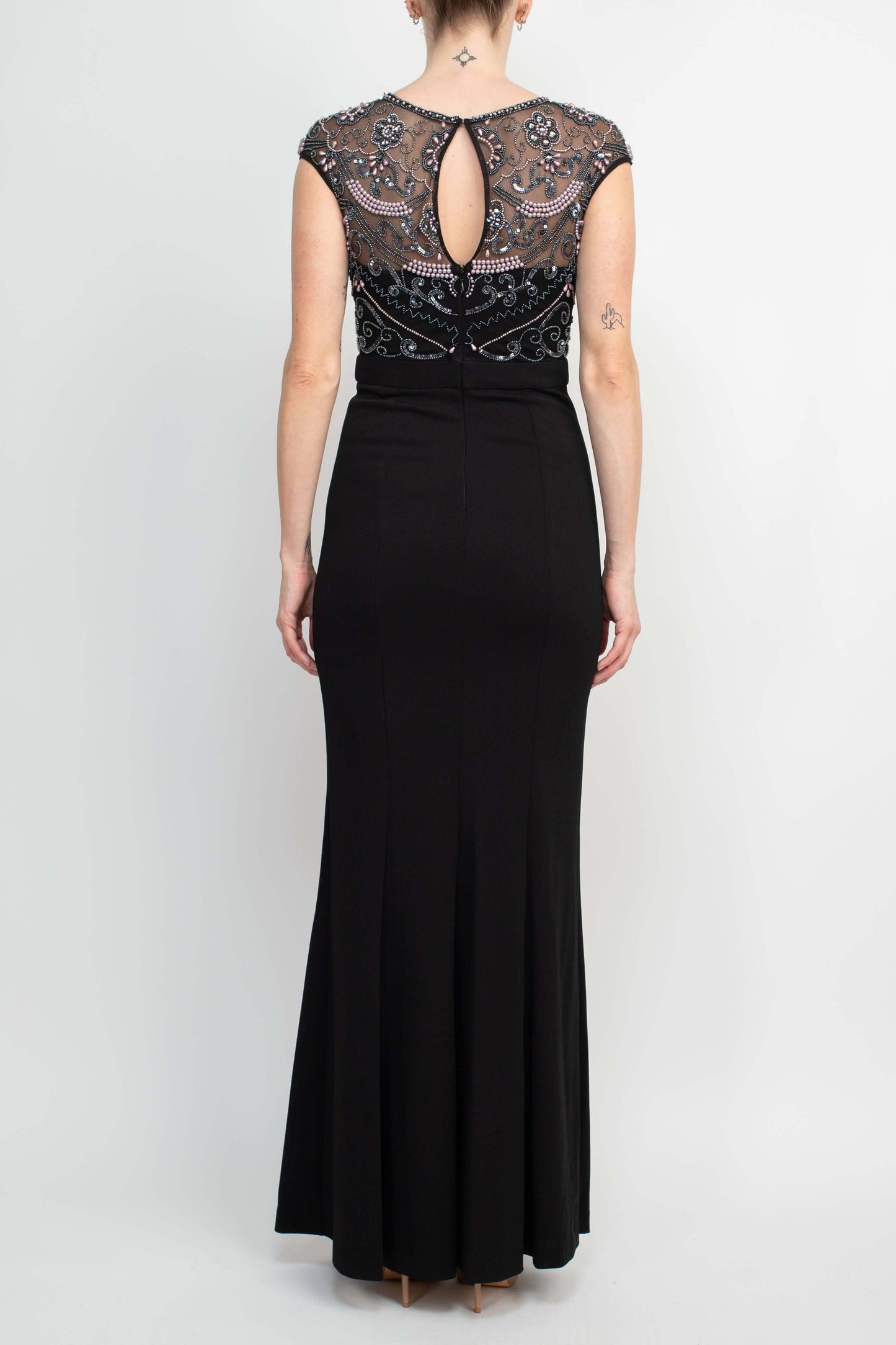 Aidan Mattox Embellished Mesh Bodice Crew Neck Cap Sleeve Keyhole Back Stretch Crepe Gown