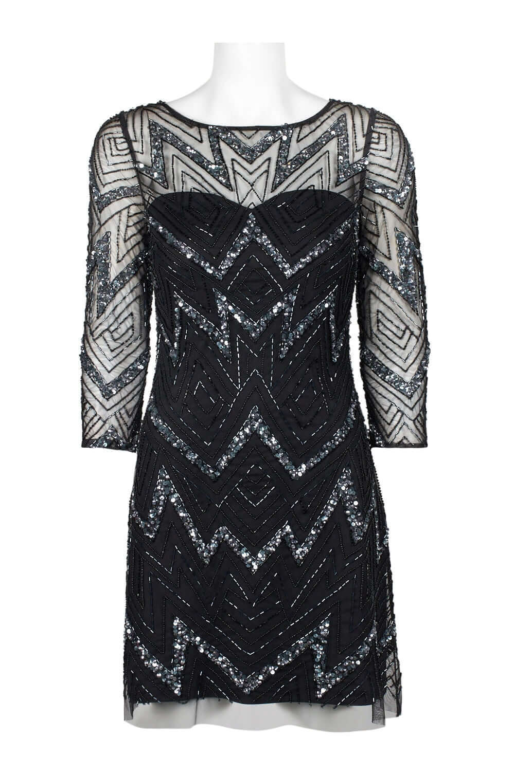 Aidan Mattox Boat Neck Illusion 3/4 Sleeve Zipper Back Embellished Mesh Dress-2
