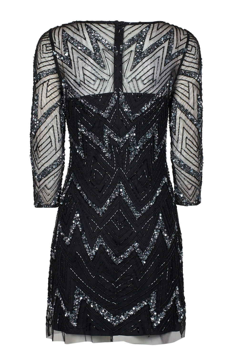 Aidan Mattox Boat Neck Illusion 3/4 Sleeve Zipper Back Embellished Mesh Dress-3