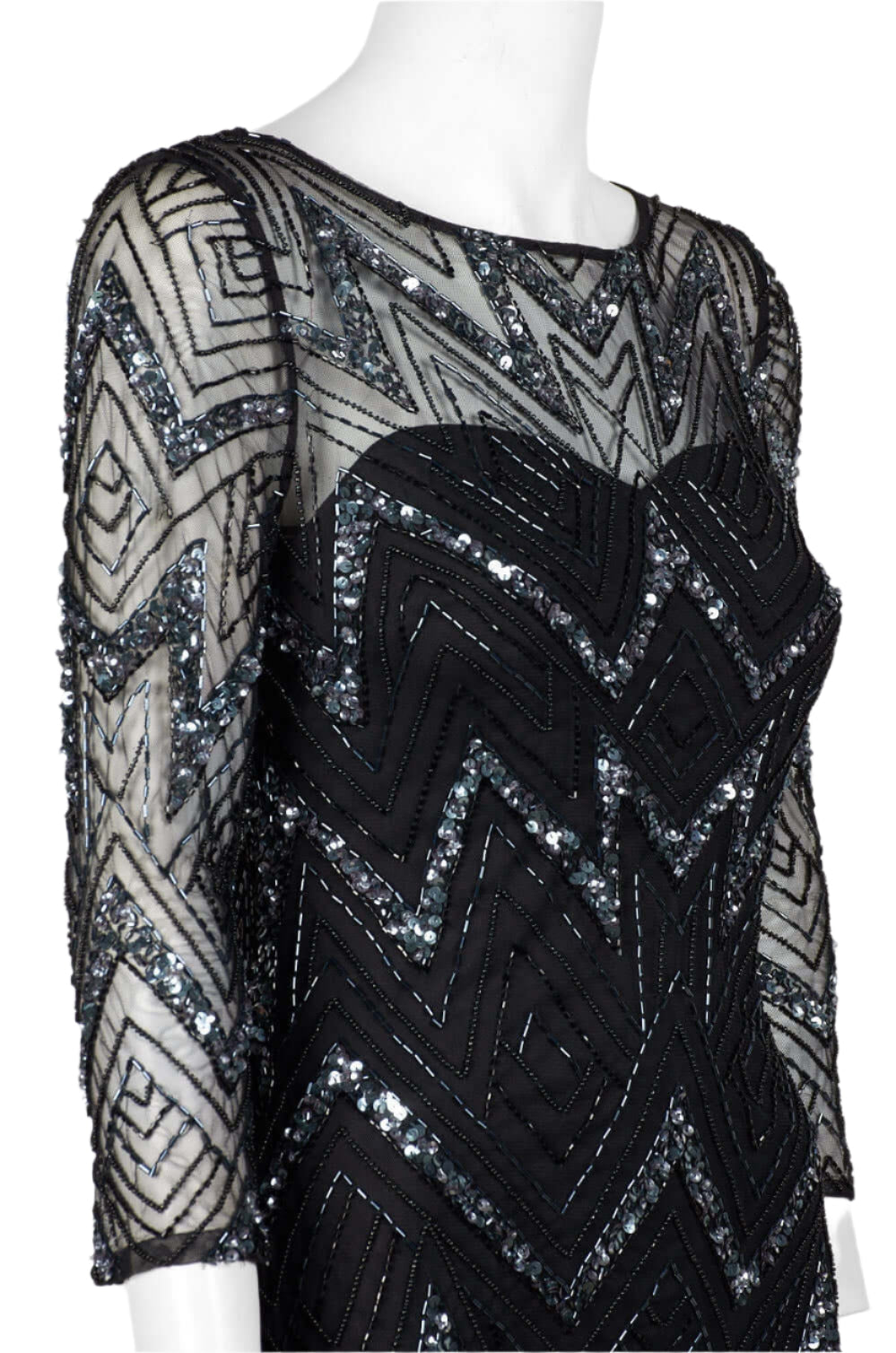 Aidan Mattox Boat Neck Illusion 3/4 Sleeve Zipper Back Embellished Mesh Dress-4
