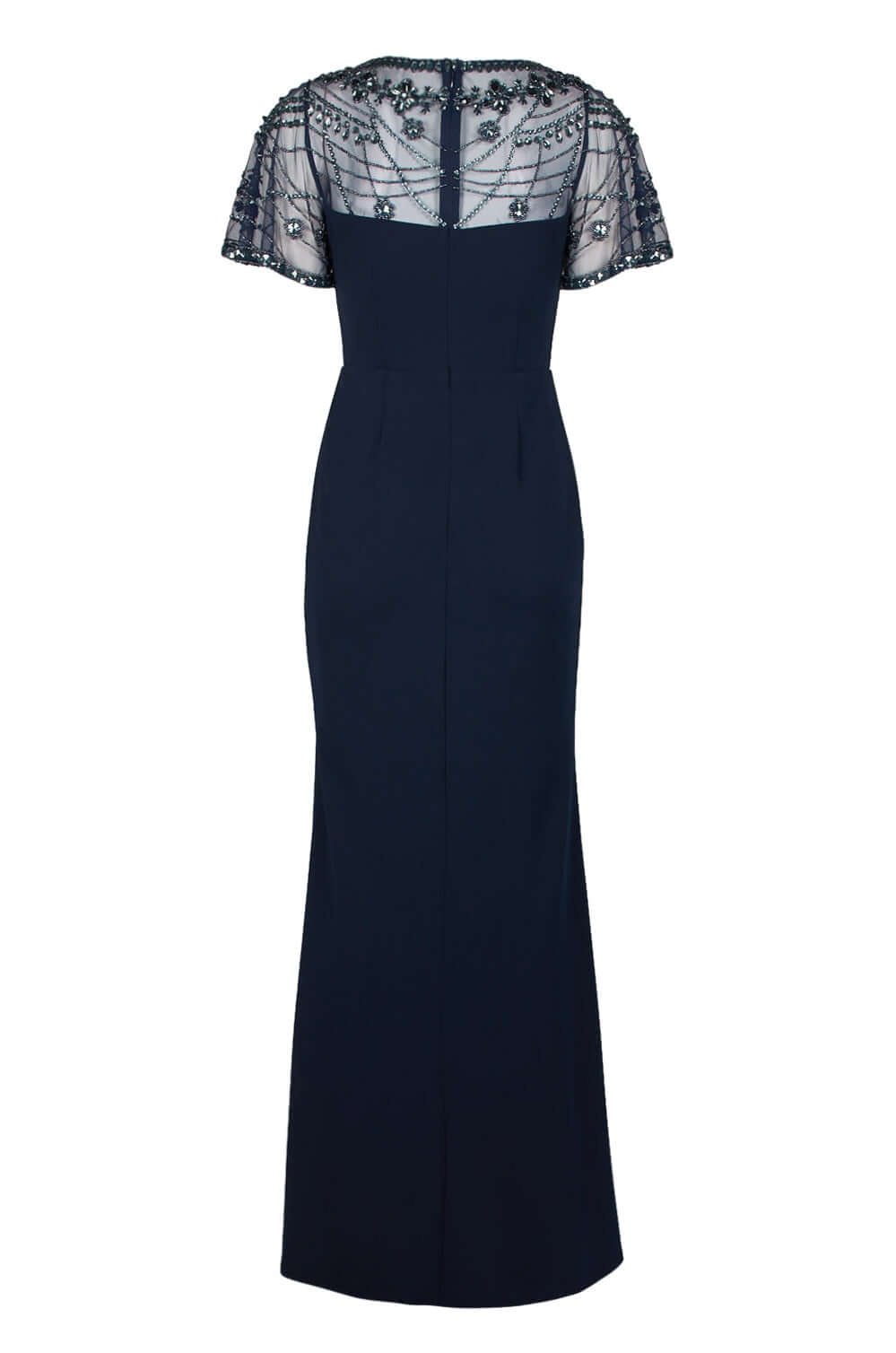 Aidan Mattox Boat Neck Short Sleeve Bodycon Slit Side Zipper Back Embellished Top Stretch Crepe Dress