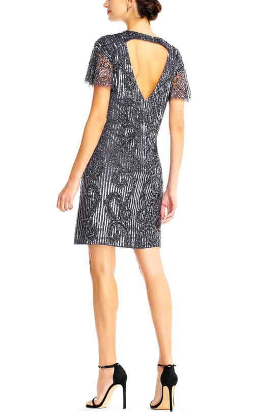 Aidan Mattox Crew Neck Short Sleeve Zipper Back Embellished Mesh Dress-2