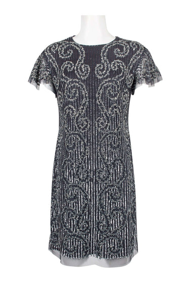 Aidan Mattox Crew Neck Short Sleeve Zipper Back Embellished Mesh Dress-1