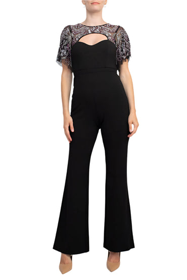 Aidan Mattox Crew Neck Cutout Front Short Sleeve Cutout Back Embellished Mesh Bodice Crepe Jumpsuit-1