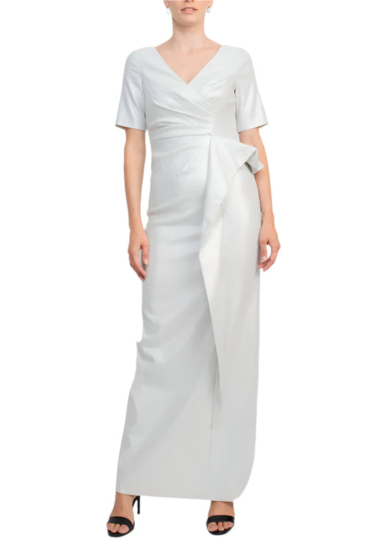 Aidan by Aidan Mattox V-Neck Pleated Zipper Back Short Sleeve Slit Back Taffeta Gown-0