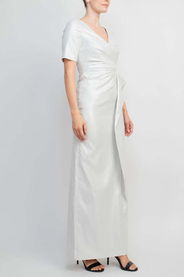 Aidan by Aidan Mattox V-Neck Pleated Zipper Back Short Sleeve Slit Back Taffeta Gown-1