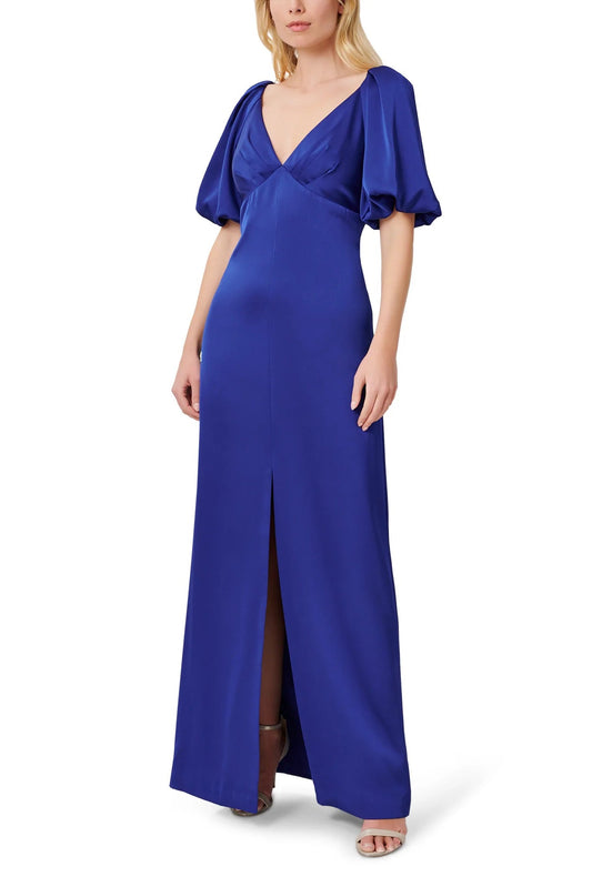 Aidan Mattox V-Neck Back Zipper Pleated Shoulders Short Sleeves Front Slit Opening Long Satin Gown-0