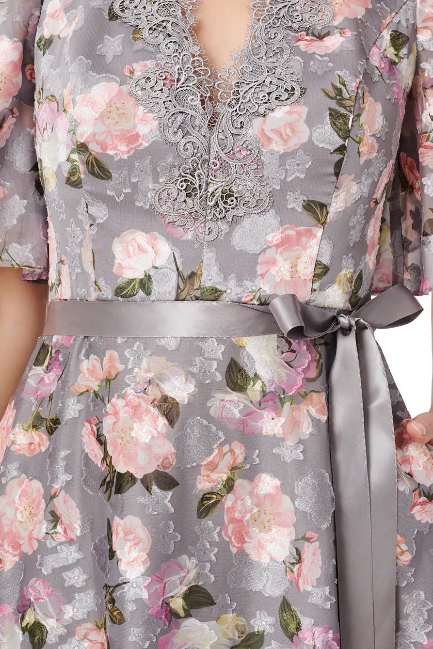 Aidan Mattox V-Neck Flutter Short Sleeves Satin Waist Tie Belt Back Zipper Floral Gown-2