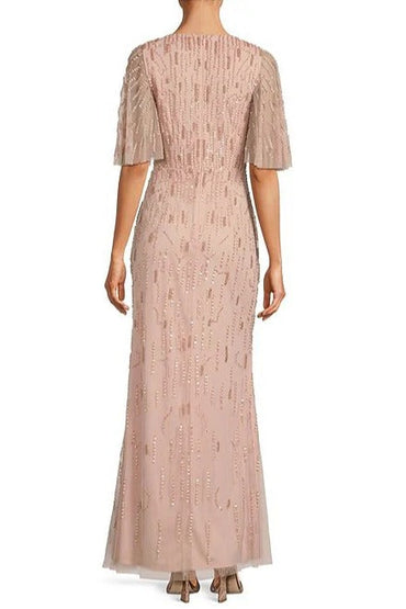 Aidan Mattox Beaded Mesh V-Neck short flutter sleeve gown-1