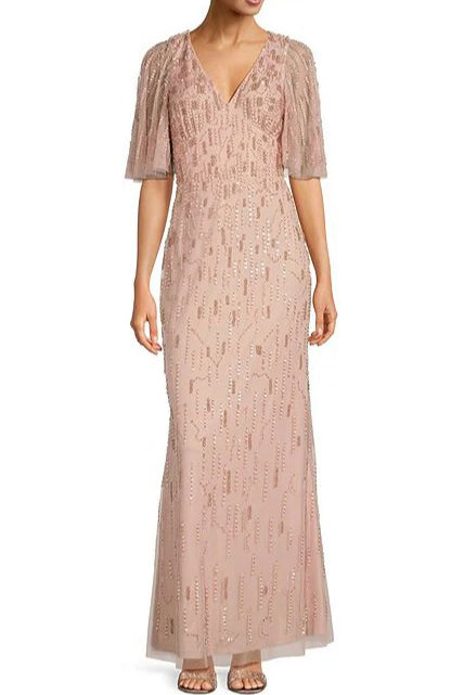 Aidan Mattox Beaded Mesh V-Neck short flutter sleeve gown-0