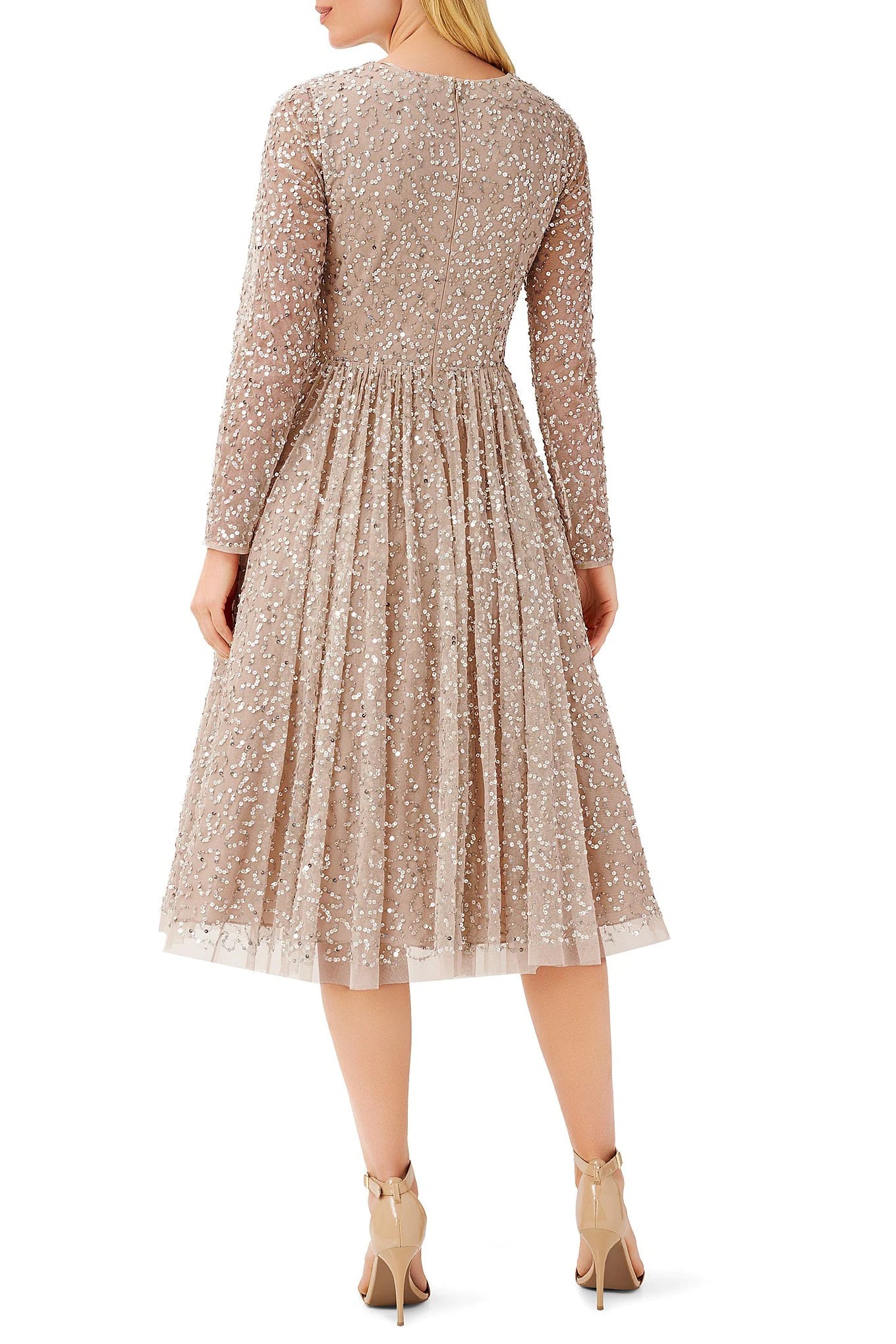 Aidan Mattox V Neck Long Sleeve Back Zipper Midi Beaded Dress-1