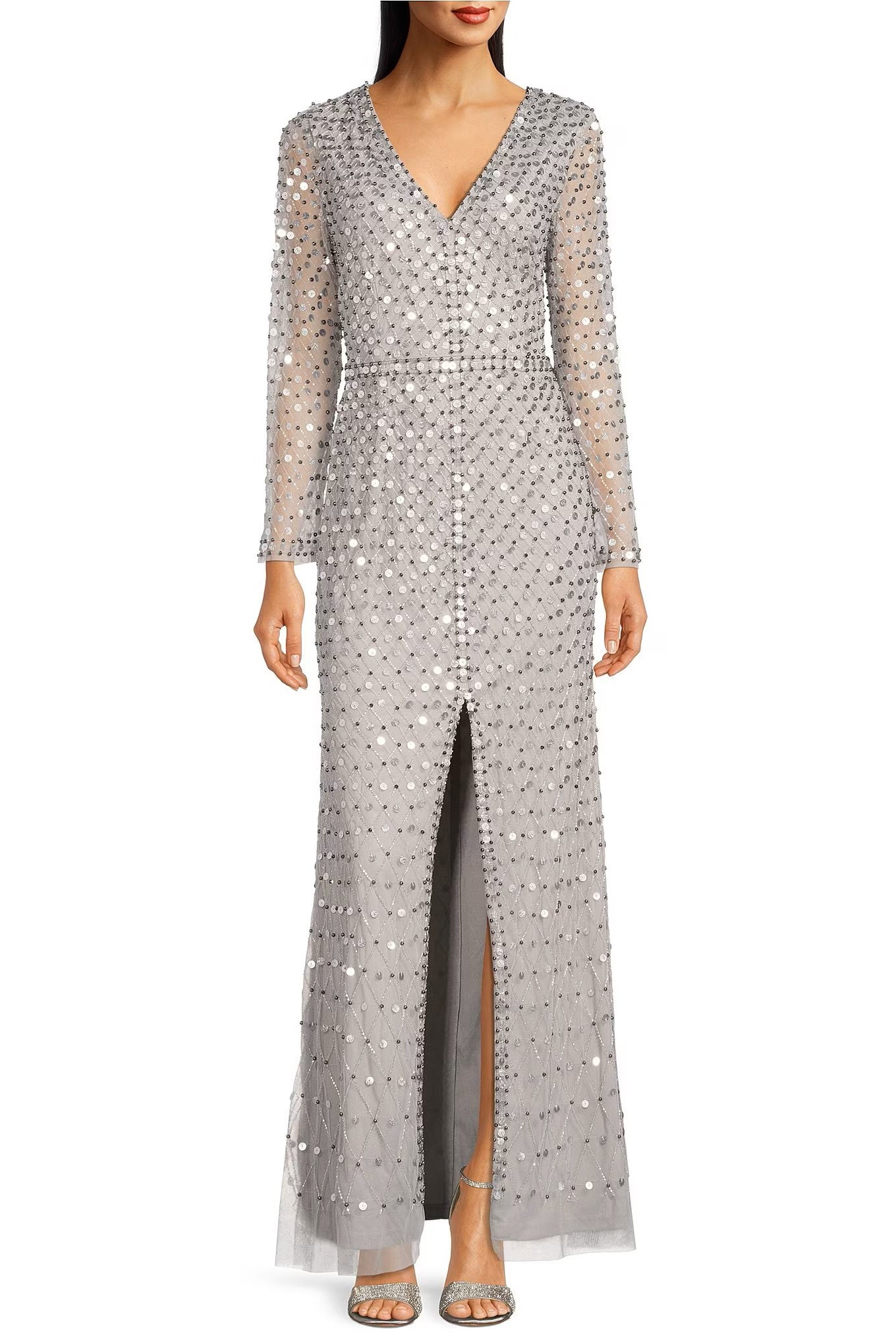 Aidan Mattox Sequined V-neck long sleeve slit front zipper back mesh dress-0