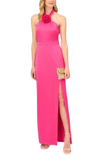Aidan Mattox Satin Halter Rosette Accent Long Dress-1