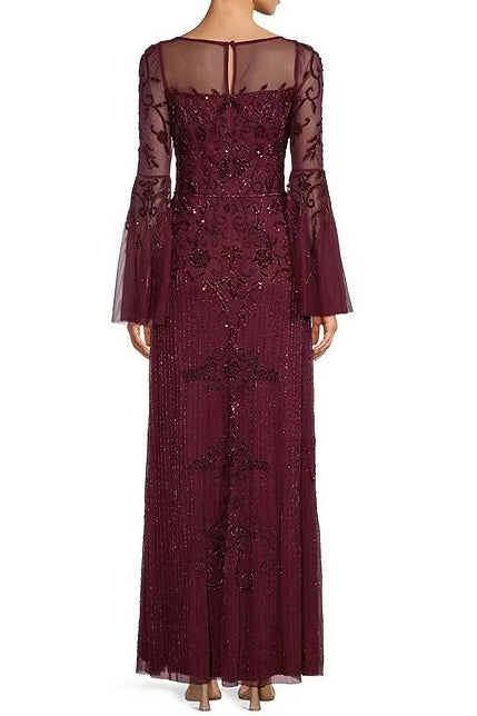 Aidan Mattox Beaded Illusion Boat Neck 3/4 Bell Sleeve A-Line Gown