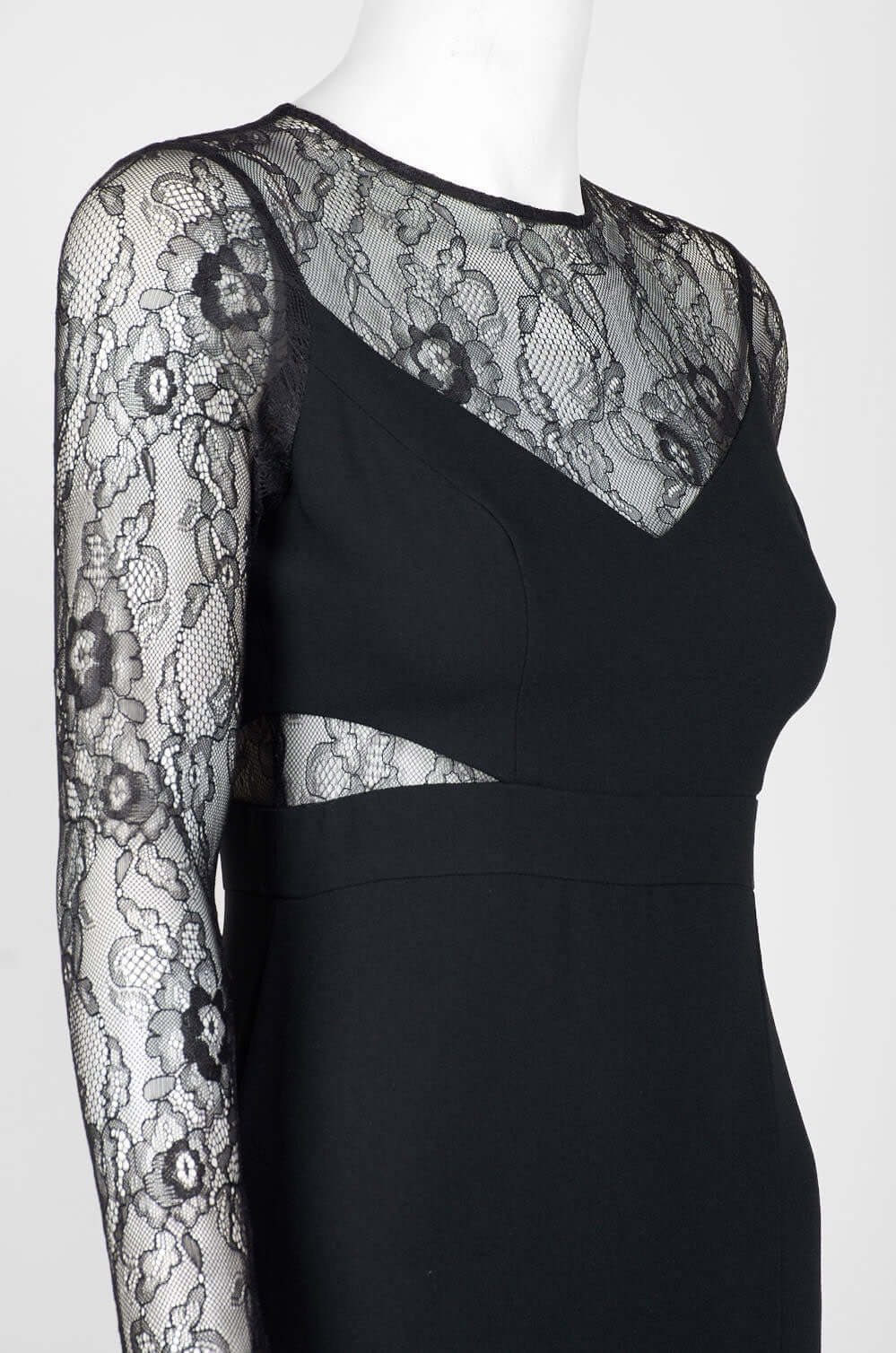 Aidan by Aidan Mattox Crew Neck Illusion Lace Bodice Long Sleeve Zipper Keyhole Back Pleated Crepe Twill Dress
