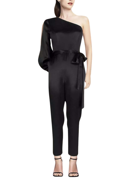 Aidan by Aidan Mattox Asymmetrical Shoulder Slit Long Sleeve Tie Side Functional Pocket Concealed Ziipper Side Satin Jumpsuit-0