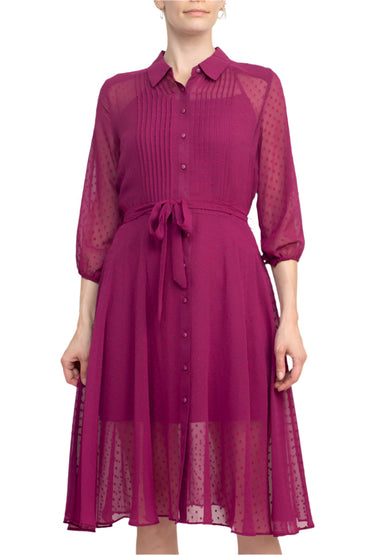 Nanette Lepore Collared 3/4 Sleeve Button Down Tie Waist Illusion Chiffon Dress-1