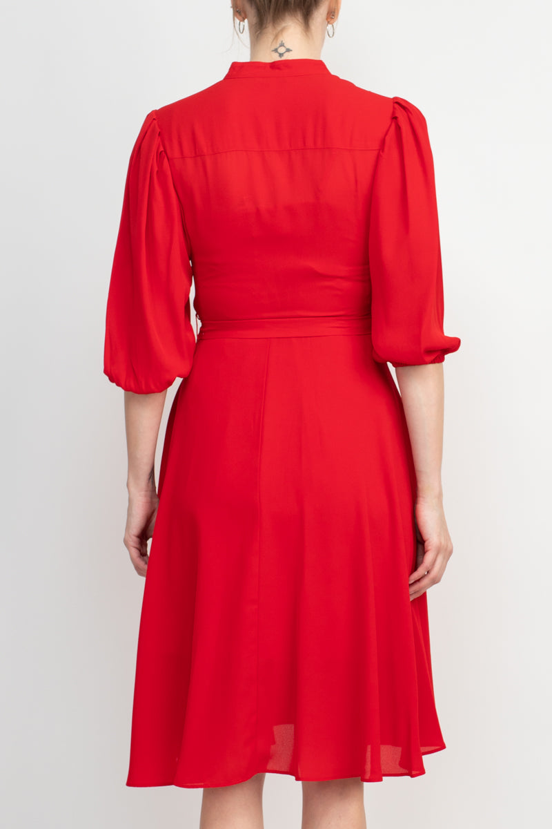 Nanette Lepore V-Neck 3/4 Sleeve Pleated Front Tie Waist A-Line Solid Crepe Dress