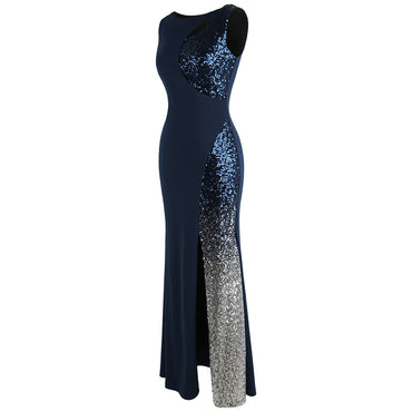 Splicing Sequin Evening Dress Slit Gradient Evening Dress Long Royal Blue-1