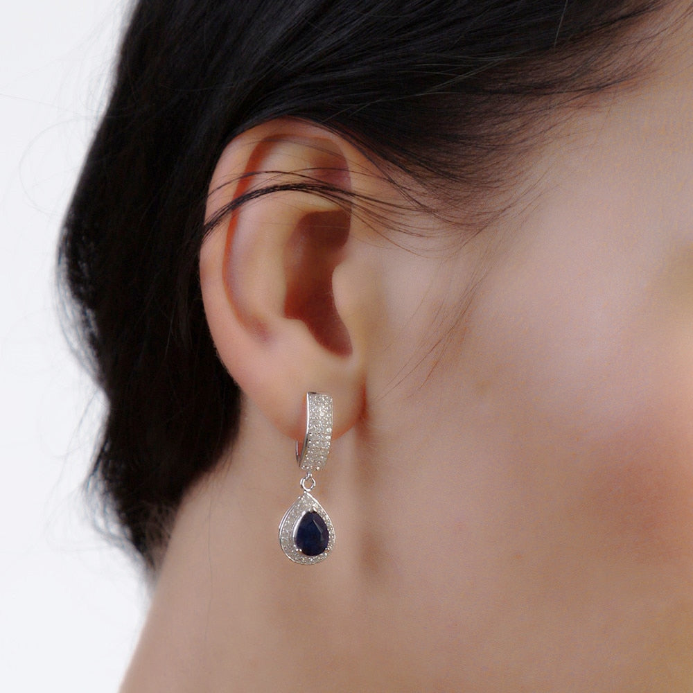1.29ct Natural Sapphire Gemstone Drop Earrings Solid 925 Sterling Silver Fine Jewelry For Women Wedding-1