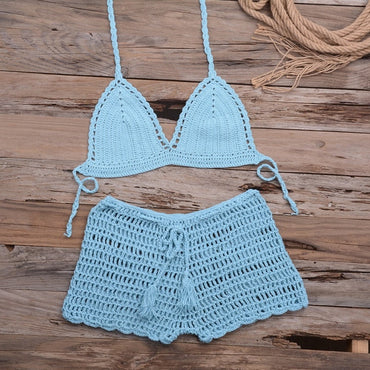 Sexy Crochet Bikini Two Pieces Set Halter Bra Tie Top Knitted Shorts Biquini Summer Beach Swimwear Hollow Swimsuit Bathing Suit-10