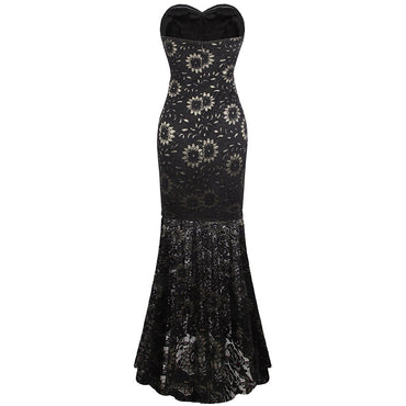 Strapless Floral Lace See Through Mermaid Formal Long Evening Dresses Black