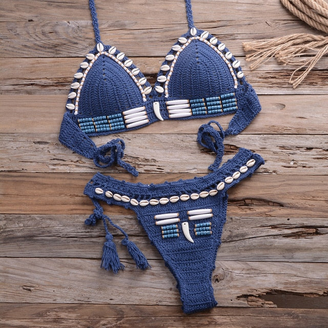 Sexy Bikini Crochet shell Set Halter Lace Up Bra Top Thong Swimsuit Beach Lady Knitted Biquini Swimming Bohemian Bathing Suit-5
