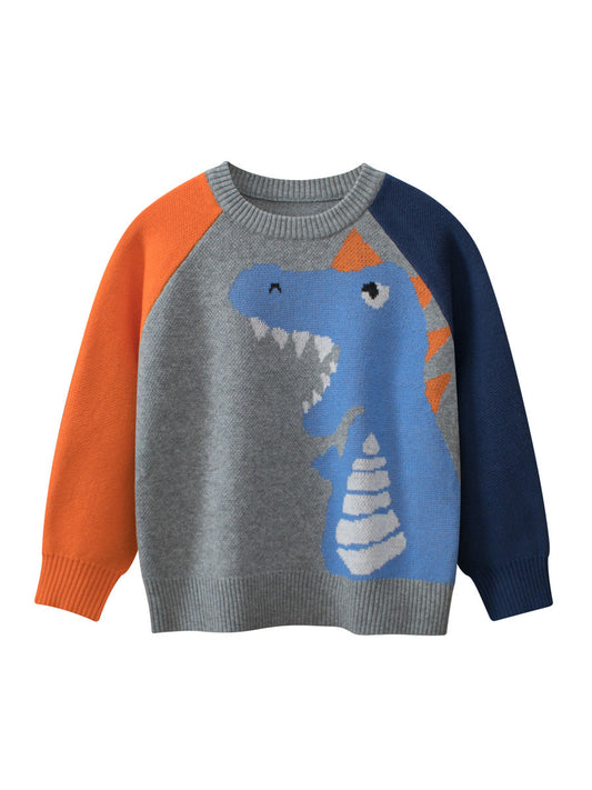 Baby Boy Kids Frightened Dinosaur Cartoon Crew Neck Long Sleeve Knitwear Pullover-0
