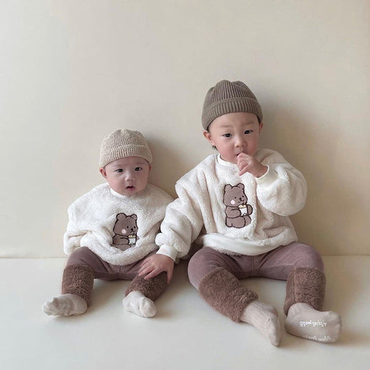 Baby Bear Embroidered Pattern Plush Hoodies Combo Pants Pieces Sets-0