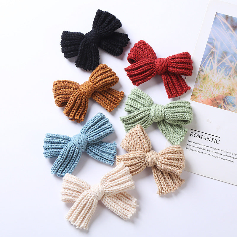 Baby 2 pc. Solid Color Big Knitted Bow Handmade Hairpin-0