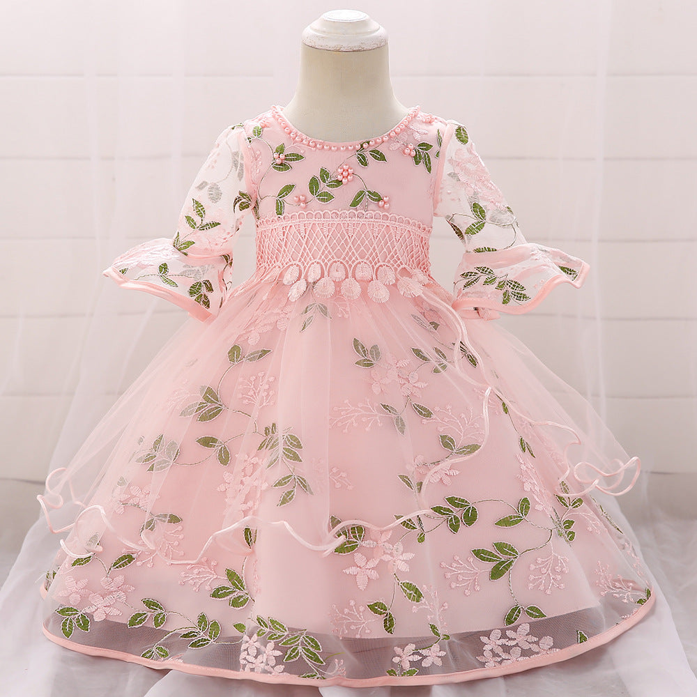 Baby Girl Embroidered Pattern Medium Sleeves One Year Old Tutu Formal Dress-5