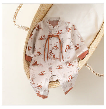 Autumn and Spring Arrival Baby Unisex Chinese Painting Pattern Long Sleeves Stand Collar Single Breasted Rompers-1