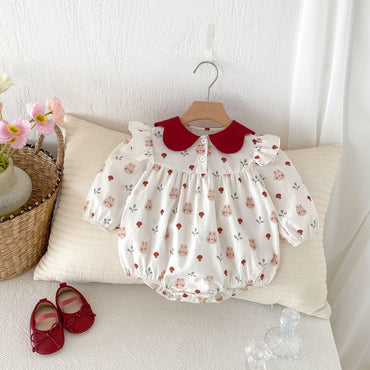 Autumn Arrival Baby Girls Long Sleeves Rabbits and Vegetables Print Peter Pan Collar Onesies-1