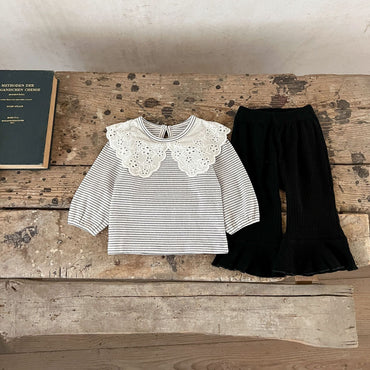 Spring Baby Kids Girls Hollow-Out Collar Top And Flared Pants Clothing-1