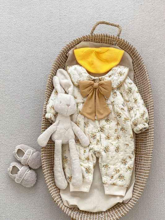 Baby Toddler Girl Fleece Floral Print Combo Big Bow-Knot Long Sleeve Jumpsuit-0