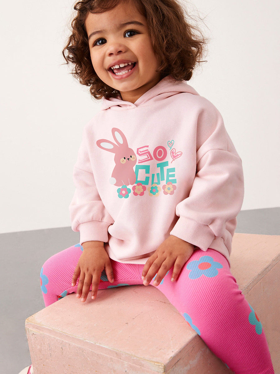 Spring And Autumn Girls Cute Cartoon Rabbit Pattern Long Sleeves Top Hoodies And Floral Pants Clothing Set