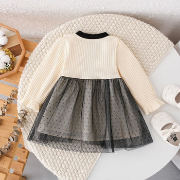 Arrival Autumn Girls Argyle Pattern Crew Neck Long Sleeves Tulle Patchwork Princess Dress-1