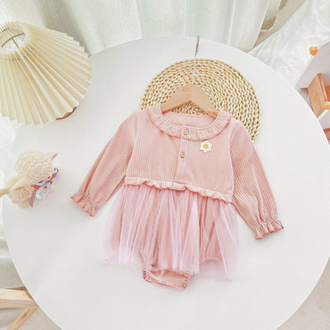 Baby Girl Floral Patched Pattern Mesh Overlay Design Onesies Dress-1