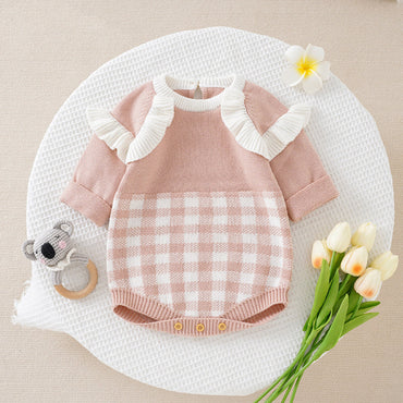 Baby Girl Checkerboard Pattern Lace Design Onesies In Autumn-1