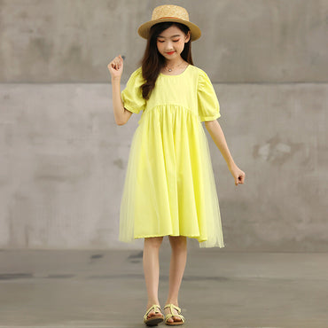 Hot Selling Summer Kids Girls French Style Solid Color Yellow Pure Cotton Short Sleeves Dress-1